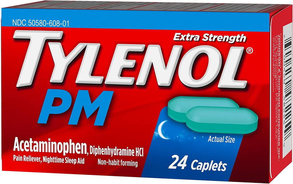 Tylenol PM Extra Strength Nighttime Pain Reliever & Sleep Aid Caplets, 500 mg Acetaminophen & 25 mg Diphenhydramine HCl, Relief for Nighttime Aches & Pains, Non-Habit Forming, 100 ct
