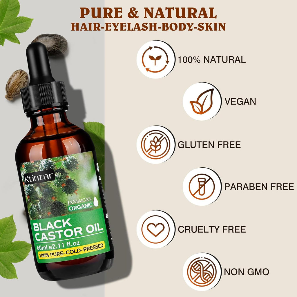 Jamaican Black Castor Oil,100% Pure and Natural Organic Castor Oil Cold Pressed Glass Bottles, Hair Growth, Eyebrow Care, Skin Care, Nourishes & Hydrates Hair, 60ML