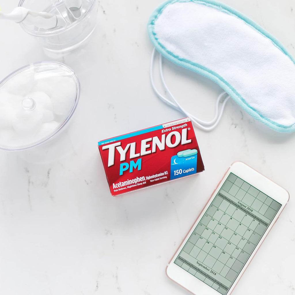 Tylenol PM Extra Strength Nighttime Pain Reliever & Sleep Aid Caplets, 500 mg Acetaminophen & 25 mg Diphenhydramine HCl, Relief for Nighttime Aches & Pains, Non-Habit Forming, 100 ct
