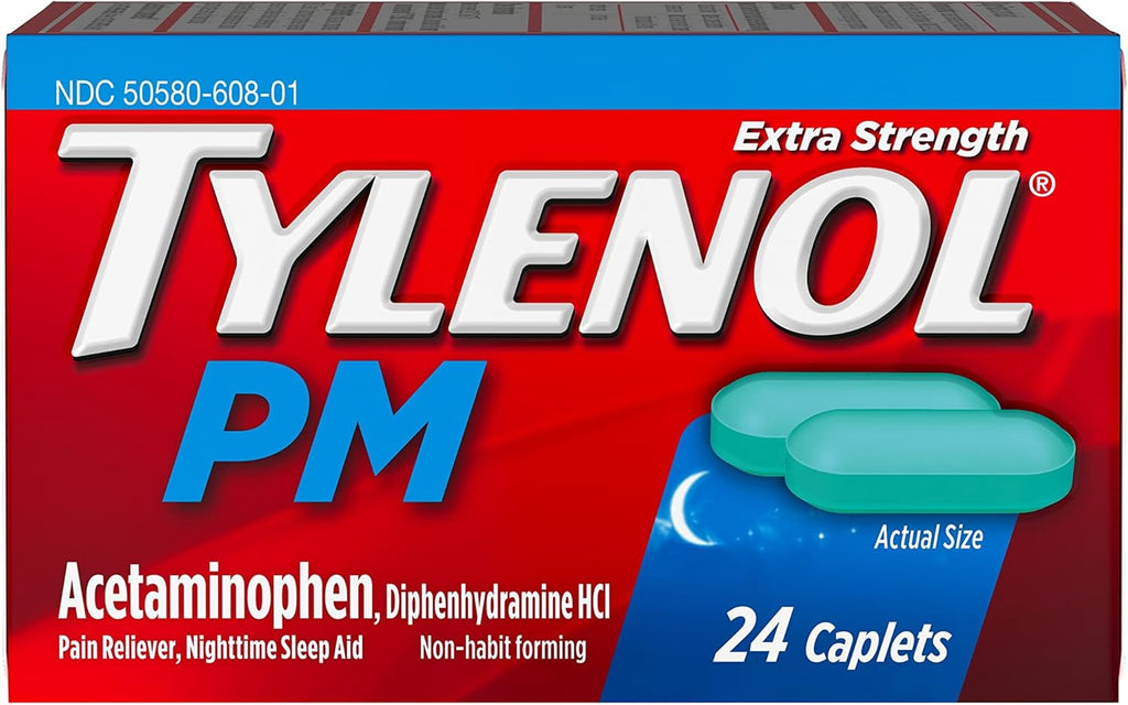 Tylenol PM Extra Strength Nighttime Pain Reliever & Sleep Aid Caplets, 500 mg Acetaminophen & 25 mg Diphenhydramine HCl, Relief for Nighttime Aches & Pains, Non-Habit Forming, 100 ct