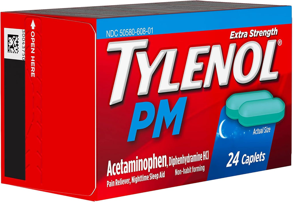 Tylenol PM Extra Strength Nighttime Pain Reliever & Sleep Aid Caplets, 500 mg Acetaminophen & 25 mg Diphenhydramine HCl, Relief for Nighttime Aches & Pains, Non-Habit Forming, 100 ct