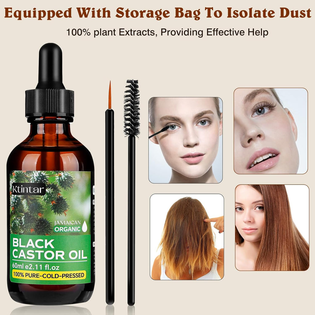 Jamaican Black Castor Oil,100% Pure and Natural Organic Castor Oil Cold Pressed Glass Bottles, Hair Growth, Eyebrow Care, Skin Care, Nourishes & Hydrates Hair, 60ML