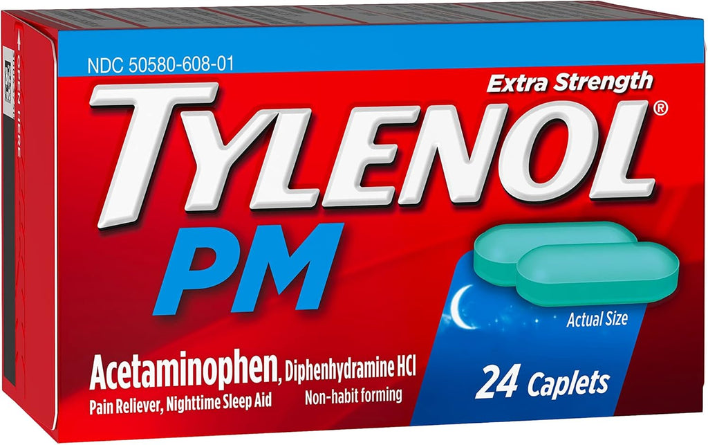 Tylenol PM Extra Strength Nighttime Pain Reliever & Sleep Aid Caplets, 500 mg Acetaminophen & 25 mg Diphenhydramine HCl, Relief for Nighttime Aches & Pains, Non-Habit Forming, 100 ct