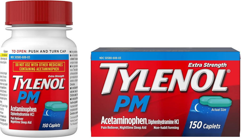 Tylenol PM Extra Strength Nighttime Pain Reliever & Sleep Aid Caplets, 500 mg Acetaminophen & 25 mg Diphenhydramine HCl, Relief for Nighttime Aches & Pains, Non-Habit Forming, 100 ct