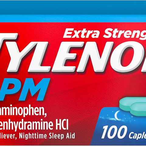Tylenol PM Extra Strength Nighttime Pain Reliever & Sleep Aid Caplets, 500 mg Acetaminophen & 25 mg Diphenhydramine HCl, Relief for Nighttime Aches & Pains, Non-Habit Forming, 100 ct