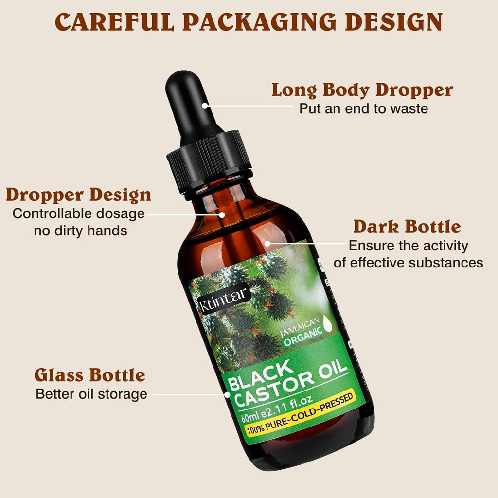 Jamaican Black Castor Oil,100% Pure and Natural Organic Castor Oil Cold Pressed Glass Bottles, Hair Growth, Eyebrow Care, Skin Care, Nourishes & Hydrates Hair, 60ML