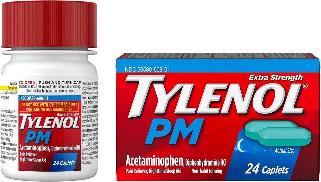 Tylenol PM Extra Strength Nighttime Pain Reliever & Sleep Aid Caplets, 500 mg Acetaminophen & 25 mg Diphenhydramine HCl, Relief for Nighttime Aches & Pains, Non-Habit Forming, 100 ct