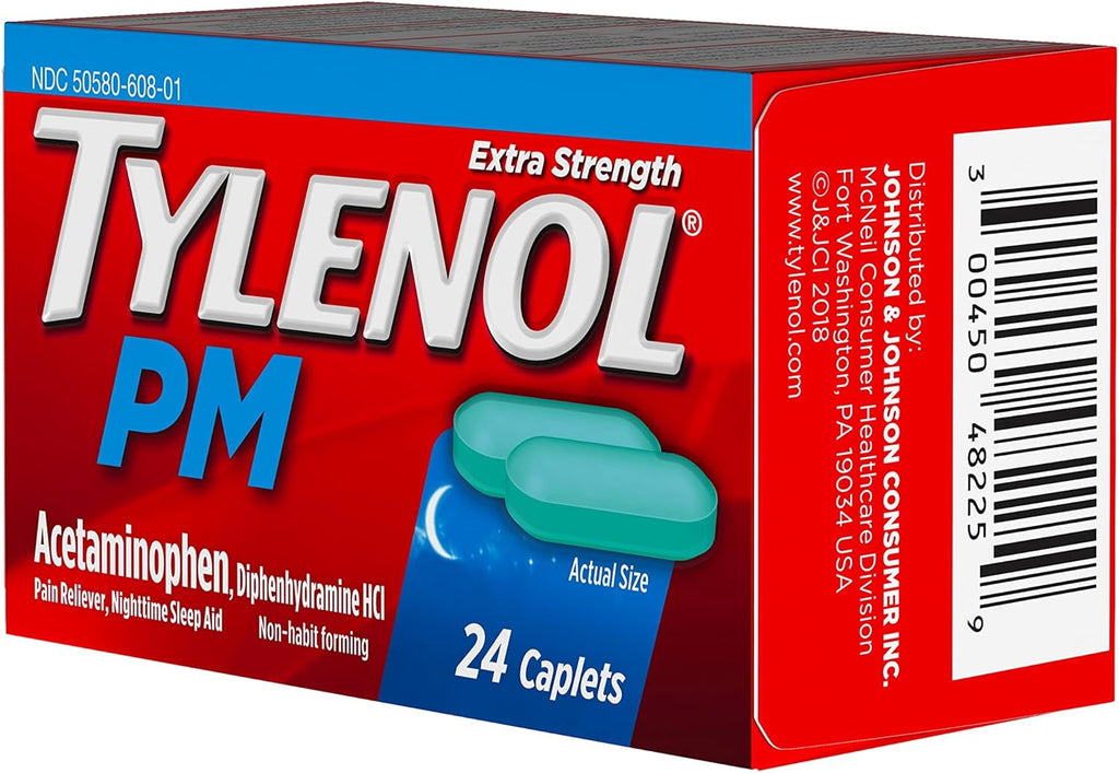 Tylenol PM Extra Strength Nighttime Pain Reliever & Sleep Aid Caplets, 500 mg Acetaminophen & 25 mg Diphenhydramine HCl, Relief for Nighttime Aches & Pains, Non-Habit Forming, 100 ct