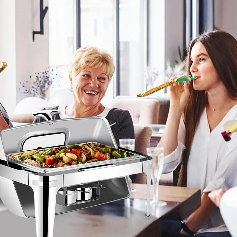 Stainless Steel Chafer Roll Top Visible Chafing Dishes Commercial Chafing Dishes with Glass Window for Cafe Restaurant Dining