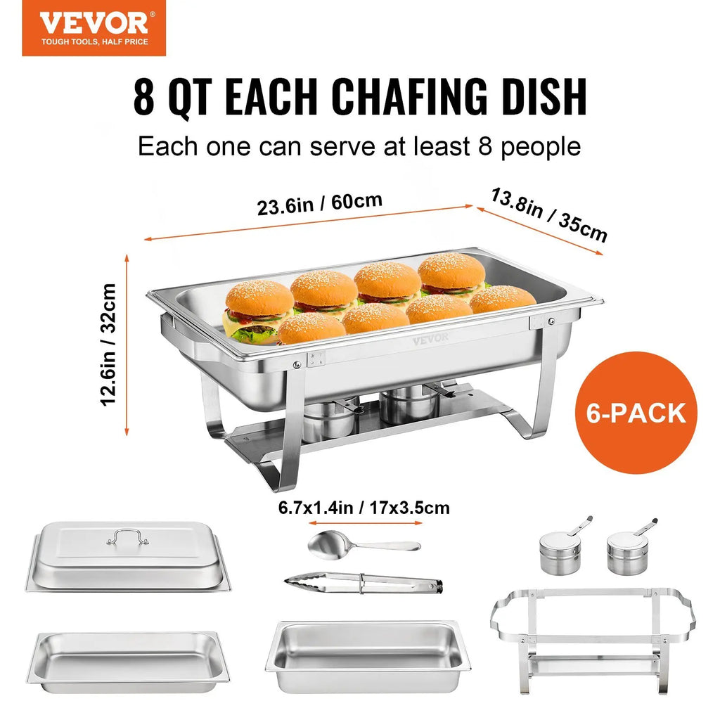 VEVOR Chafing Dish Buffet Set, 8 Qt 6 Pack, Stainless Chafer with 6 Full Size Pans, Rectangle Catering Warmer Server with Lid