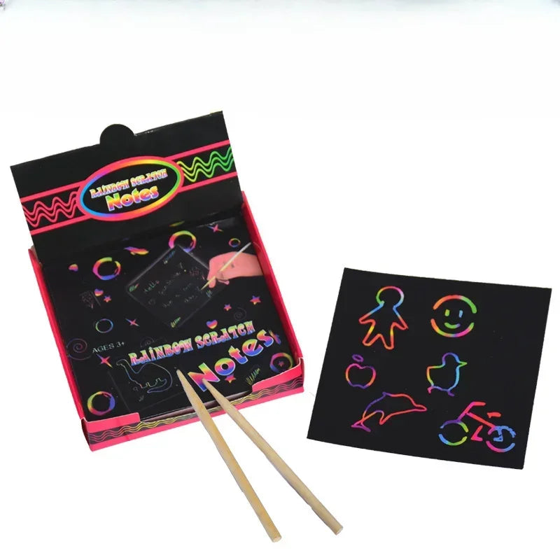 100Pcs Magic Color Rainbow Scratch Mini Notes Paper Pad Cards With Stylus Children Kids Draw Painting Toys Craft Gift  DIY Toys