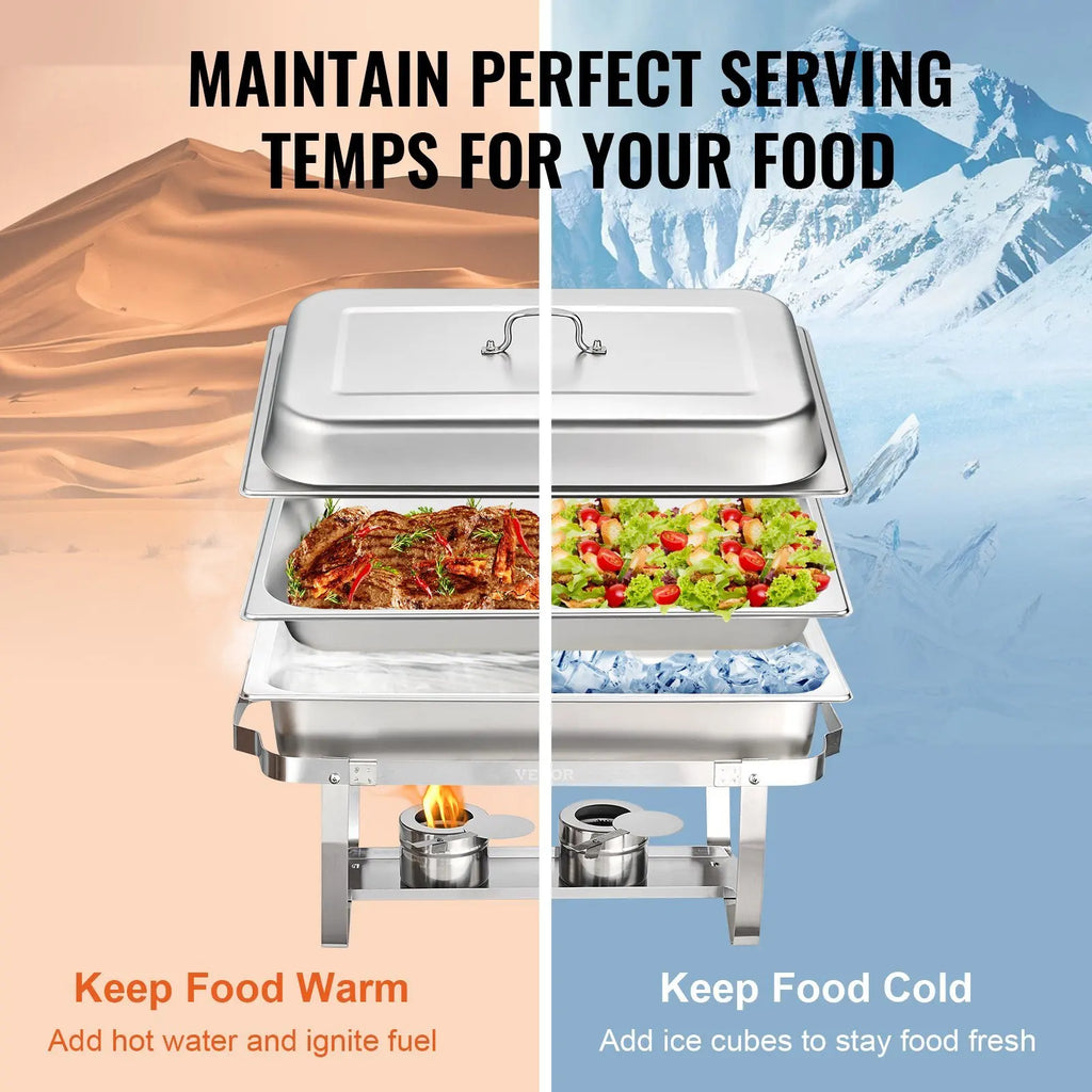 VEVOR Chafing Dish Buffet Set, 8 Qt 6 Pack, Stainless Chafer with 6 Full Size Pans, Rectangle Catering Warmer Server with Lid