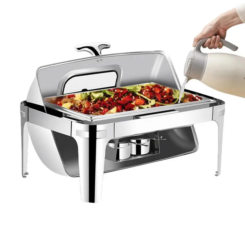 Stainless Steel Chafer Roll Top Visible Chafing Dishes Commercial Chafing Dishes with Glass Window for Cafe Restaurant Dining