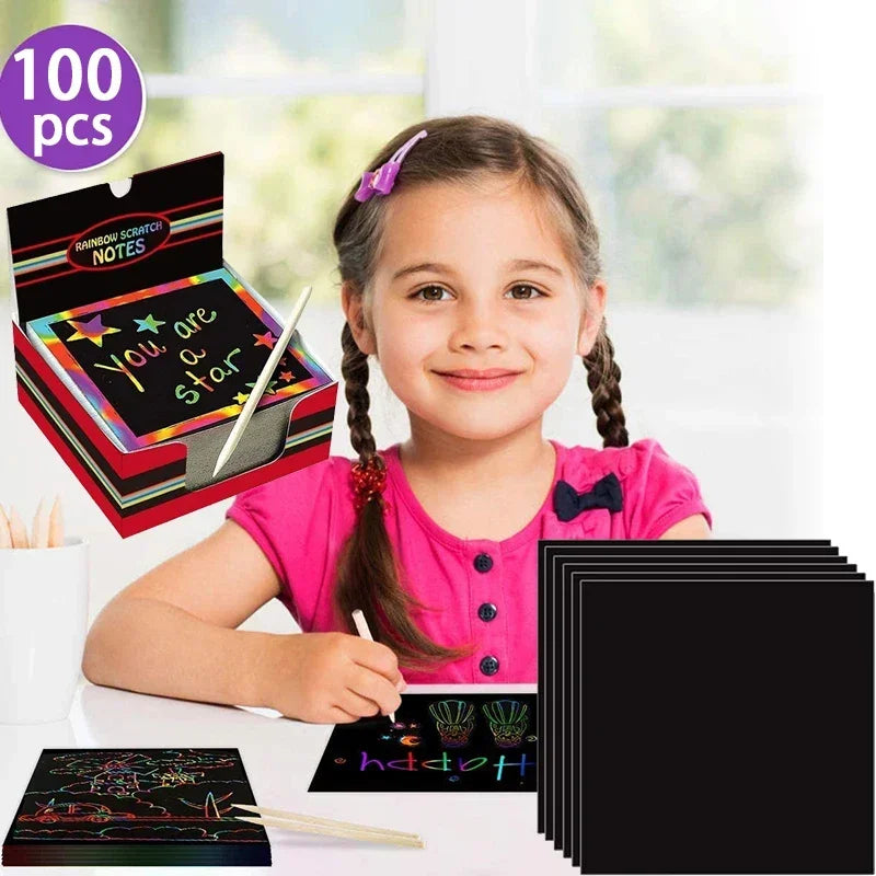 100Pcs Magic Color Rainbow Scratch Mini Notes Paper Pad Cards With Stylus Children Kids Draw Painting Toys Craft Gift  DIY Toys