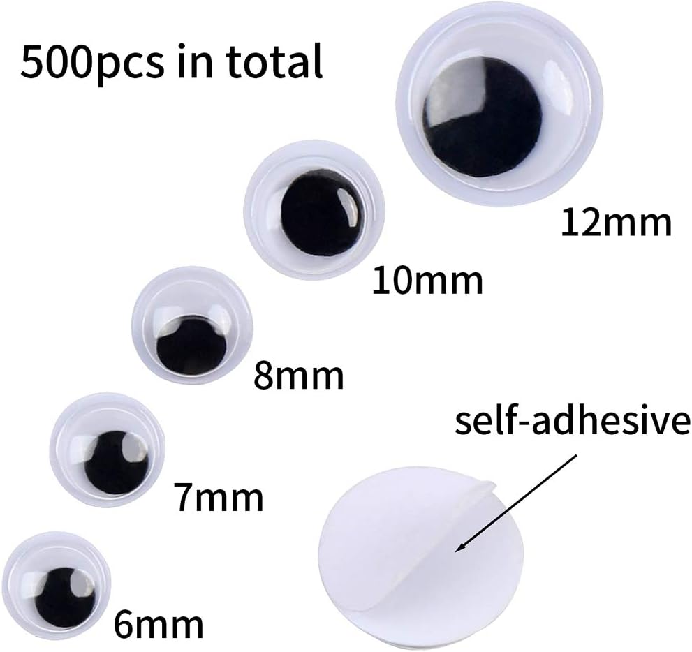 DECORA 500 Pieces 6mm -12mm Black Wiggle Googly Eyes with Self-Adhesive Backs for DIY Crafts Doll Making Sewing Supplies