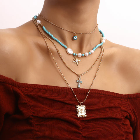 Bohemian Fashion Multilayer Blue Eyes Rose Flower Cross Pendant Necklace