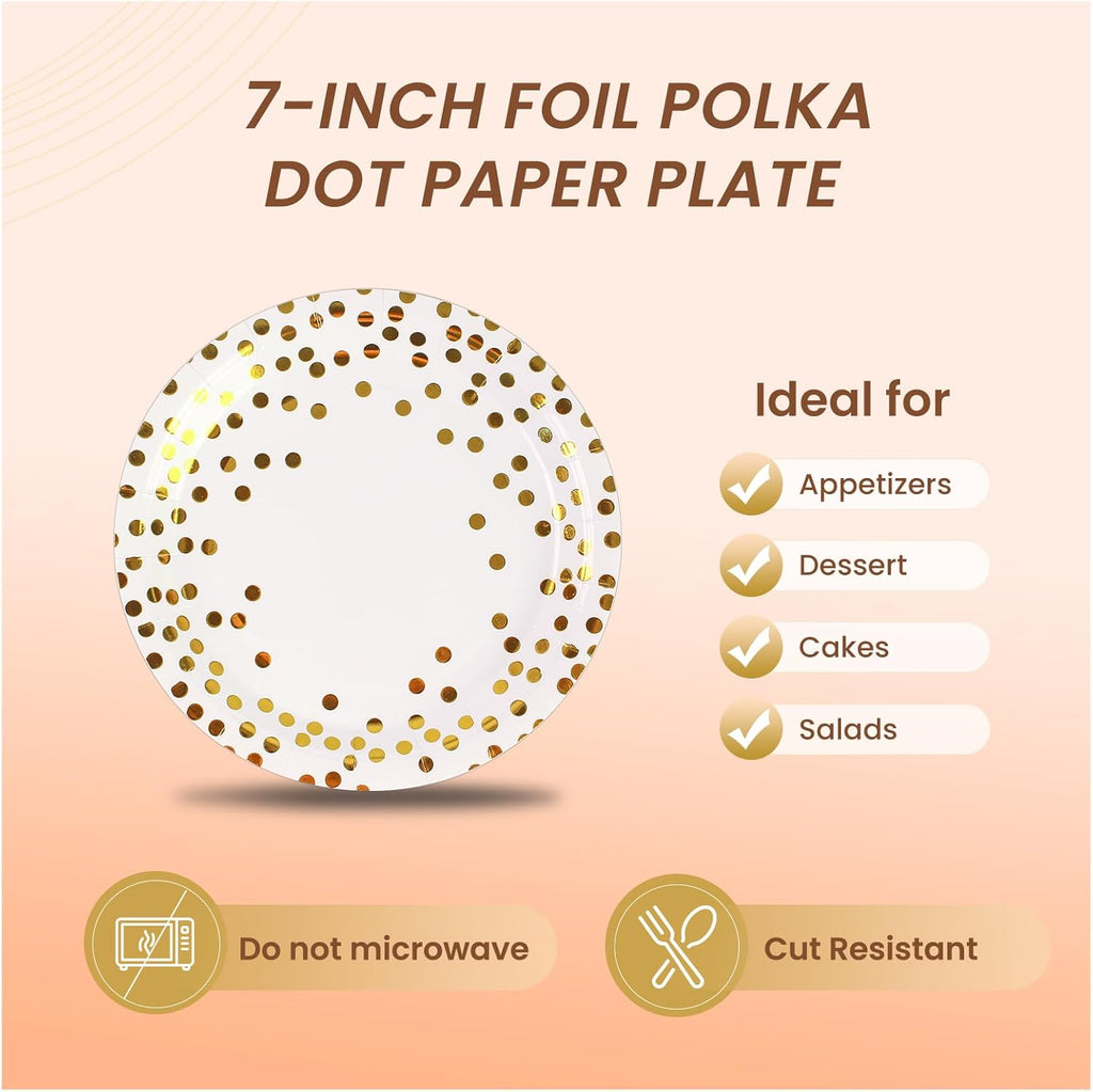 75PCS Paper Plates and Napkins Set - White and Gold Dot Disposable Party Dinnerware Includes Paper Plates, Napkins, Forks Decorations for Birthdays, Graduations, Weddings and Holidays, Serves 25