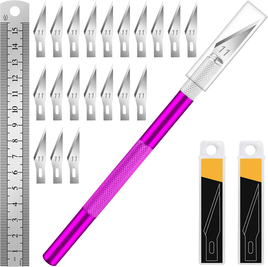 DIYSELF 1 Pcs Craft Hobby Knife Exacto Knife with 11 Pcs Stainless Steel Blade Kit, 1pcs Steel 15CM Ruler for Art, Scrapbooking, Stencil (Purple)