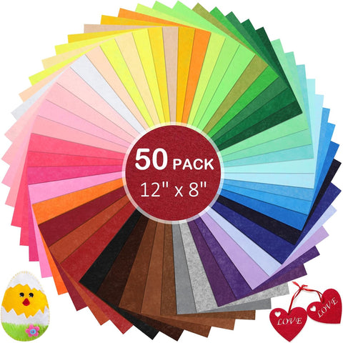 50Pcs Thin Felt Fabric Sheets, Assorted Colors Stiff Felt Sheets for Crafts DIY Patchwork Sewing School Projects Decoration, 50 Colors (8 x 12 inches)