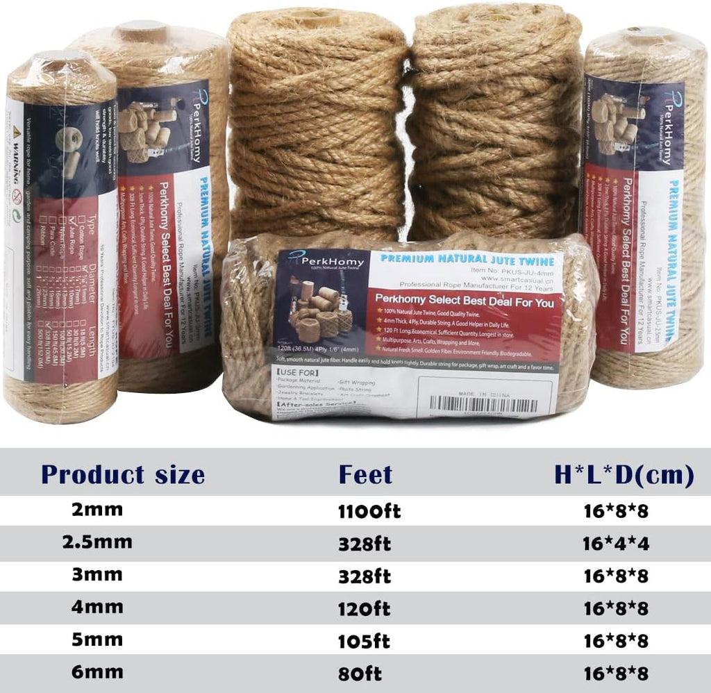 PerkHomy Natural Jute Twine 600 Feet Long Twine String for Crafts Gift Wrapping Packing Gardening Crochet Knitting Macrame Decor (Brown 2mm * 600feet)