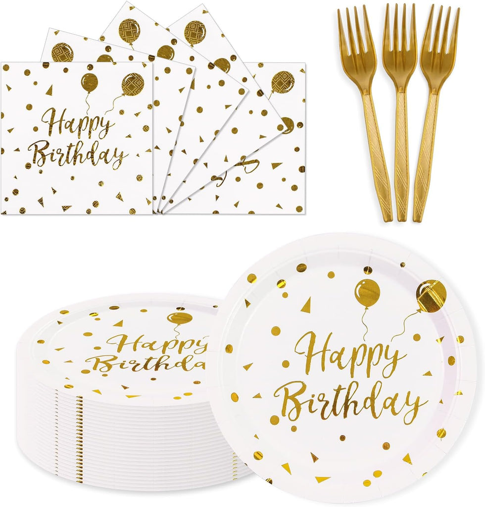 75PCS Paper Plates and Napkins Set - White and Gold Dot Disposable Party Dinnerware Includes Paper Plates, Napkins, Forks Decorations for Birthdays, Graduations, Weddings and Holidays, Serves 25