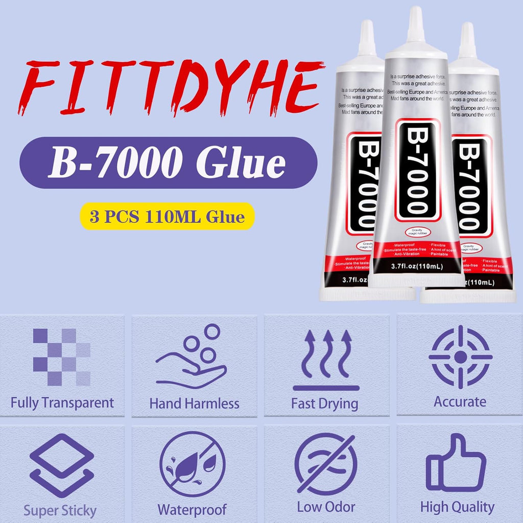 B7000 Adhesive Rhinestones Glue for Crafts, 2PCS 110ml / 3.7 fl oz B7000 Clear Glue with 5 Dotting Pen Tool, Wax Pencil and Tweezer, Jewelry Glue for DIY Craft Makeup Shoes Jewelry Making Nail Art