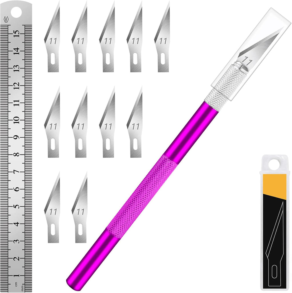 DIYSELF 1 Pcs Craft Hobby Knife Exacto Knife with 11 Pcs Stainless Steel Blade Kit, 1pcs Steel 15CM Ruler for Art, Scrapbooking, Stencil (Purple)