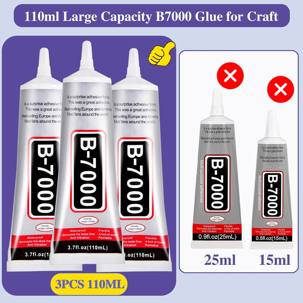 B7000 Adhesive Rhinestones Glue for Crafts, 2PCS 110ml / 3.7 fl oz B7000 Clear Glue with 5 Dotting Pen Tool, Wax Pencil and Tweezer, Jewelry Glue for DIY Craft Makeup Shoes Jewelry Making Nail Art