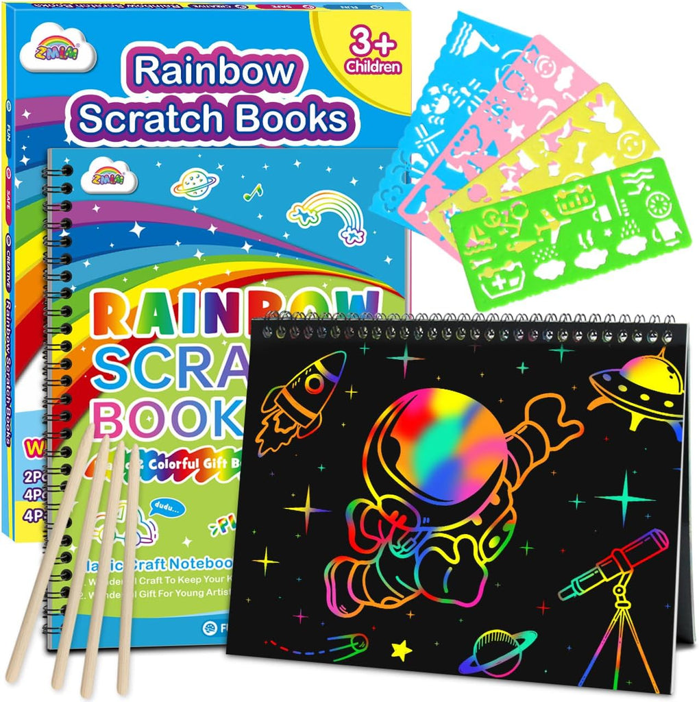 ZMLM Scratch Paper Art-Crafts Gift: 2 Pack Rainbow Notebooks Supplies Toys for 3 4 5 6 7 8 9 10 Years Old Girls and Boys Kids Valentines Day Gifts Birthday Party Games Easter Basket Stuffers (Pink)