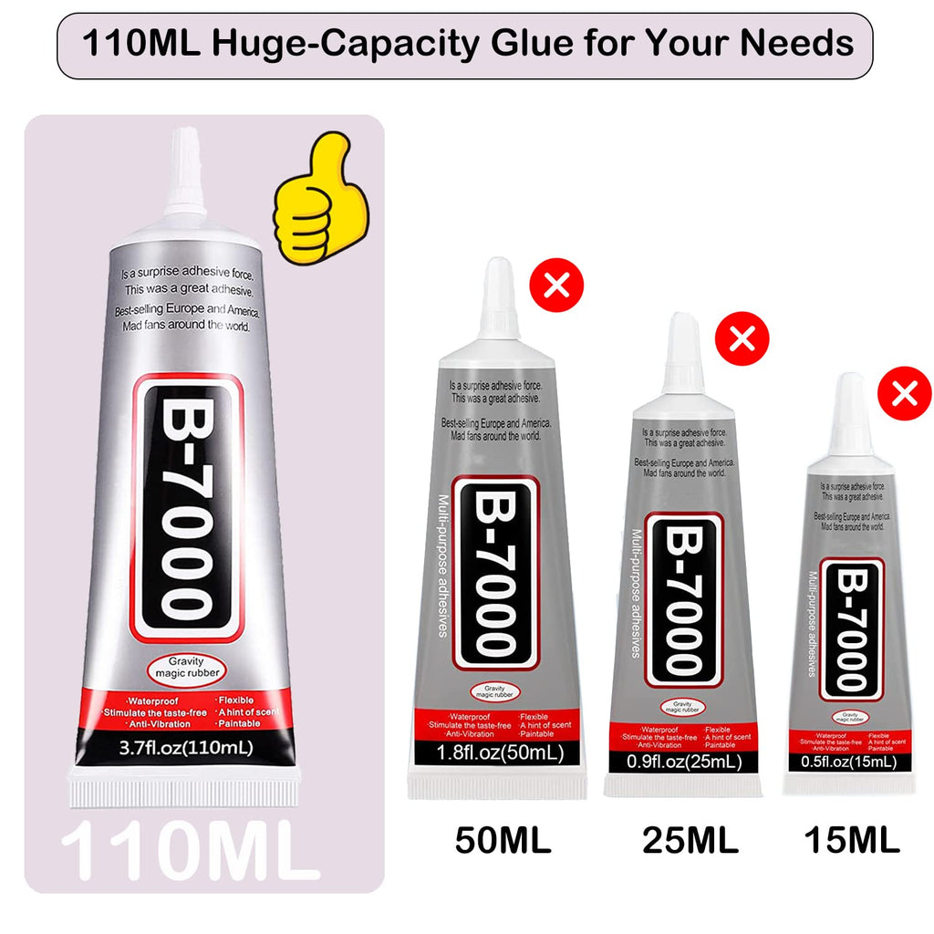 B7000 Adhesive Rhinestones Glue for Crafts, 2PCS 110ml / 3.7 fl oz B7000 Clear Glue with 5 Dotting Pen Tool, Wax Pencil and Tweezer, Jewelry Glue for DIY Craft Makeup Shoes Jewelry Making Nail Art