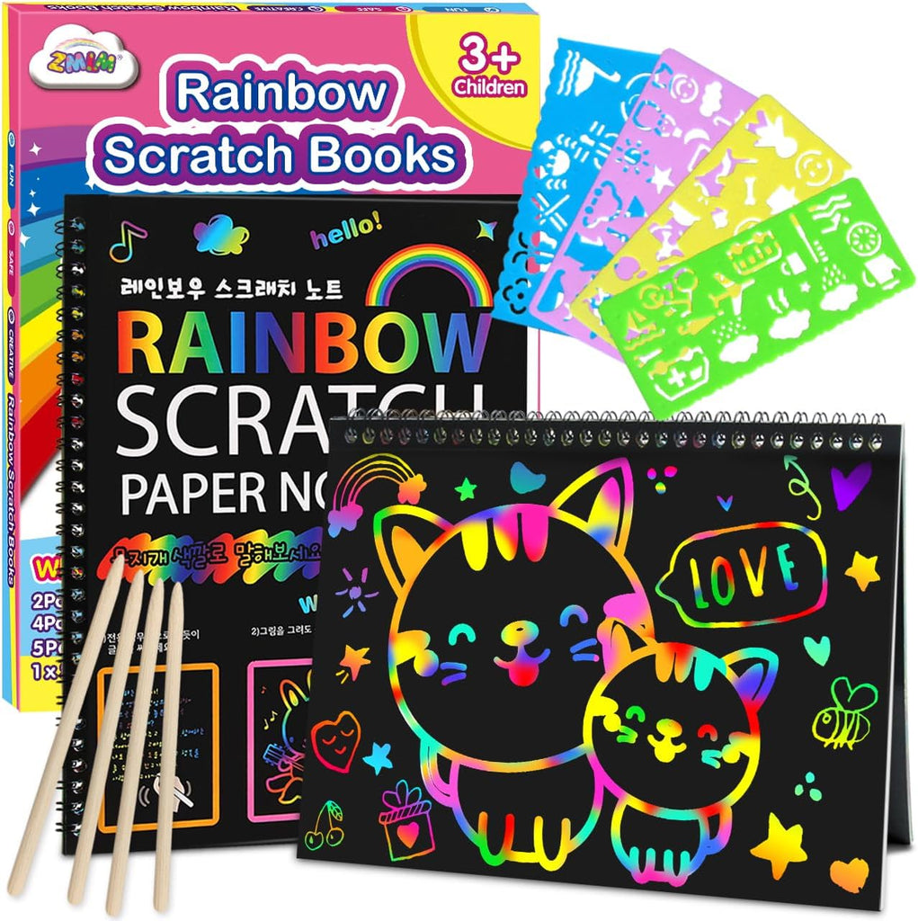 ZMLM Scratch Paper Art-Crafts Gift: 2 Pack Rainbow Notebooks Supplies Toys for 3 4 5 6 7 8 9 10 Years Old Girls and Boys Kids Valentines Day Gifts Birthday Party Games Easter Basket Stuffers (Pink)