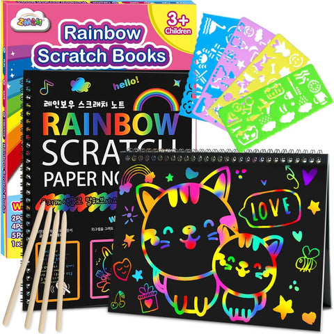 ZMLM Scratch Paper Art-Crafts Gift: 2 Pack Rainbow Notebooks Supplies Toys for 3 4 5 6 7 8 9 10 Years Old Girls and Boys Kids Valentines Day Gifts Birthday Party Games Easter Basket Stuffers (Pink)