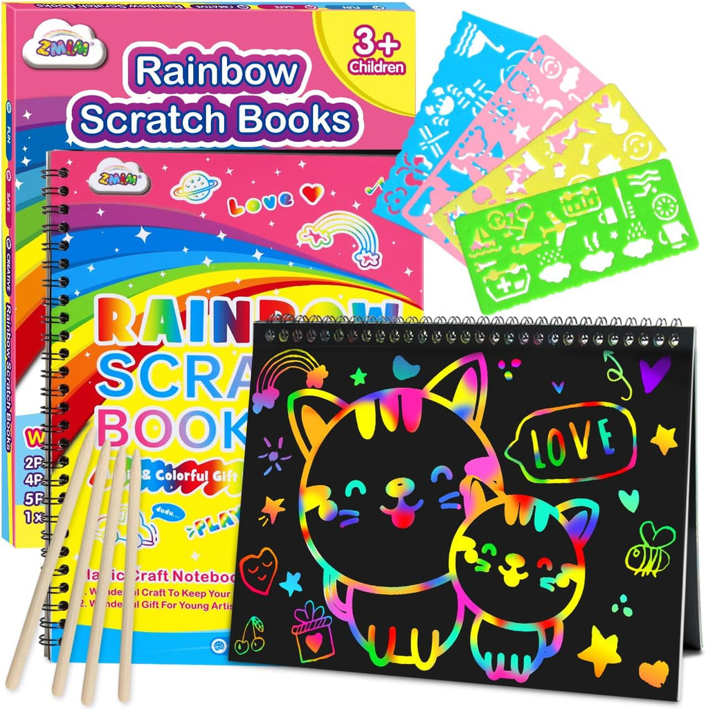 ZMLM Scratch Paper Art-Crafts Gift: 2 Pack Rainbow Notebooks Supplies Toys for 3 4 5 6 7 8 9 10 Years Old Girls and Boys Kids Valentines Day Gifts Birthday Party Games Easter Basket Stuffers (Pink)