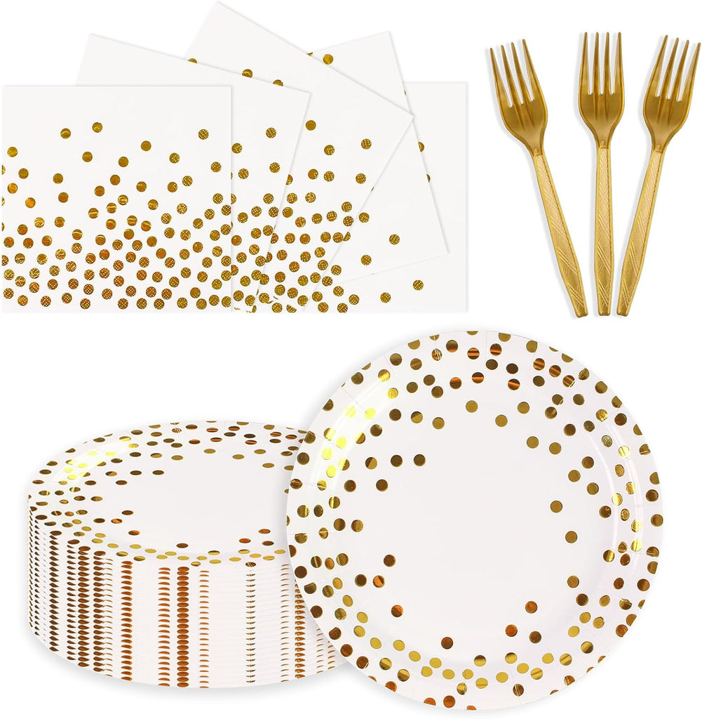 75PCS Paper Plates and Napkins Set - White and Gold Dot Disposable Party Dinnerware Includes Paper Plates, Napkins, Forks Decorations for Birthdays, Graduations, Weddings and Holidays, Serves 25