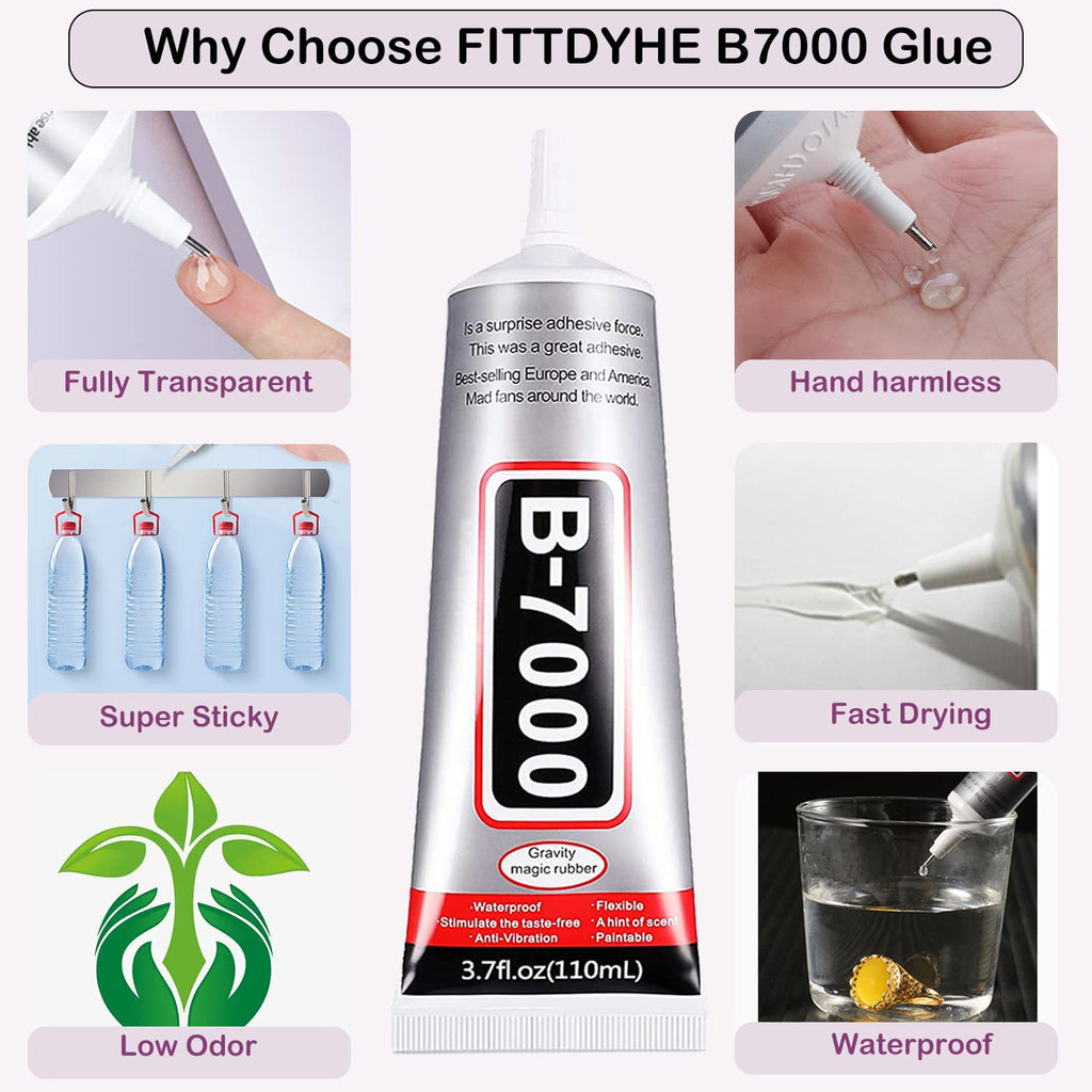 B7000 Adhesive Rhinestones Glue for Crafts, 2PCS 110ml / 3.7 fl oz B7000 Clear Glue with 5 Dotting Pen Tool, Wax Pencil and Tweezer, Jewelry Glue for DIY Craft Makeup Shoes Jewelry Making Nail Art