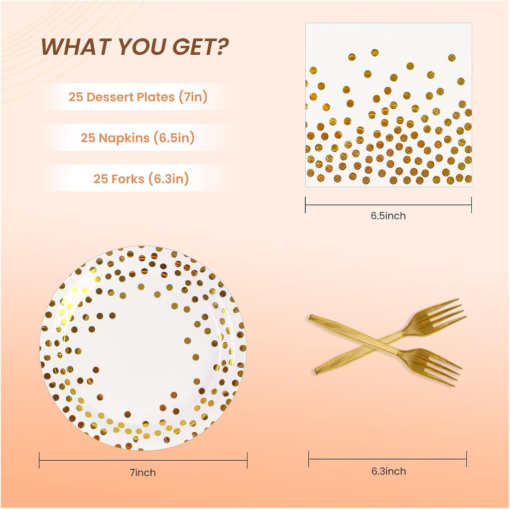 75PCS Paper Plates and Napkins Set - White and Gold Dot Disposable Party Dinnerware Includes Paper Plates, Napkins, Forks Decorations for Birthdays, Graduations, Weddings and Holidays, Serves 25