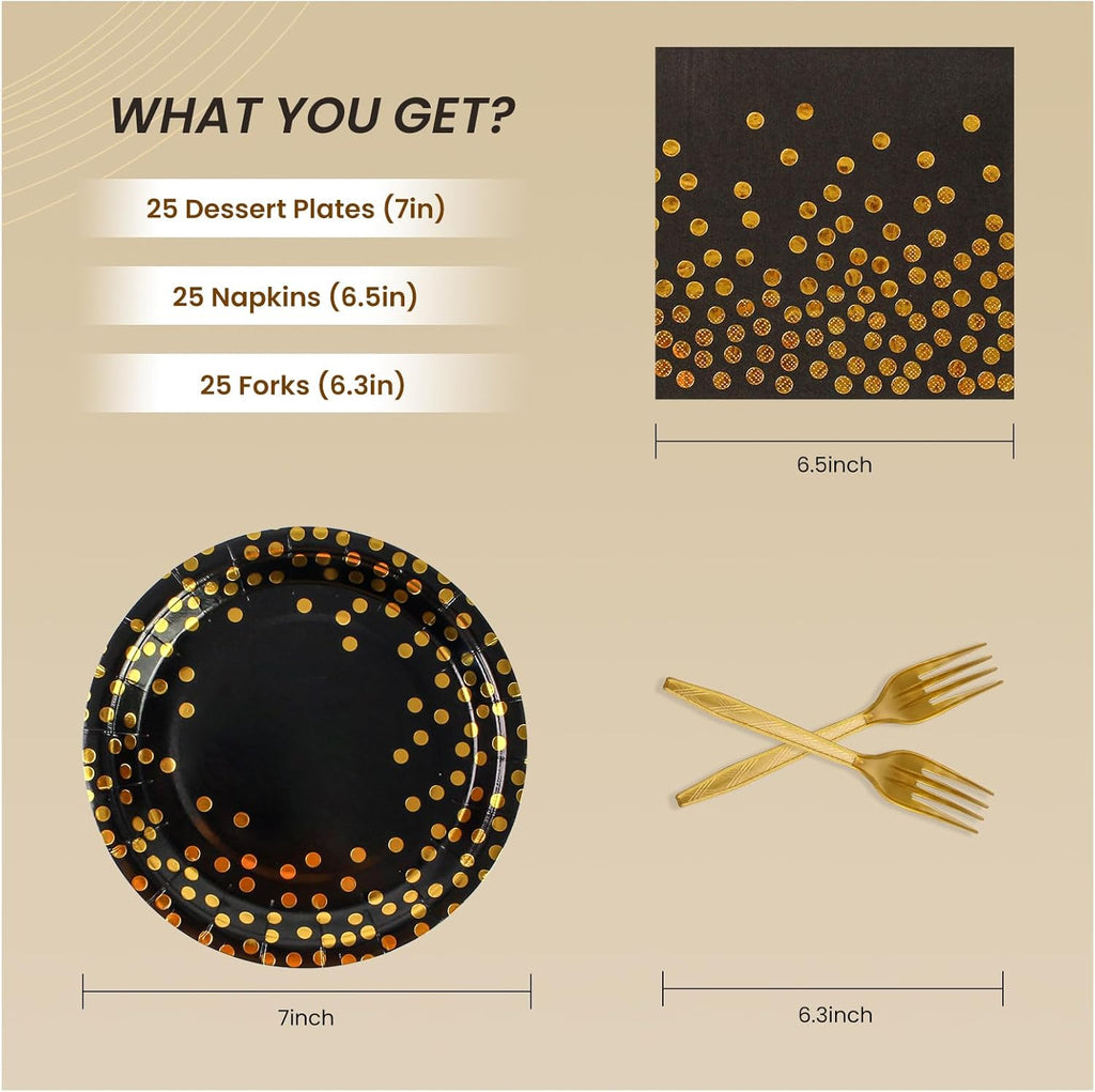 75PCS Paper Plates and Napkins Set - White and Gold Dot Disposable Party Dinnerware Includes Paper Plates, Napkins, Forks Decorations for Birthdays, Graduations, Weddings and Holidays, Serves 25