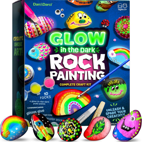 Dan&Darci Kids Rock Painting Kit - Glow in The Dark - Arts & Crafts Easter Gifts for Boys and Girls Ages 6-12 - Craft Activities Kits - Creative Art Toys for 6, 7, 8, 9, 10, 11 & 12 Year Old Kid