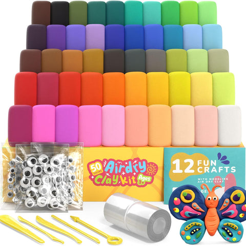 Air Dry Clay for Kids & Adults - Magic Modeling Clay Kit: 50 Vibrant Colors, 100 Googly Eyes, Soft & Safe Material - Creative Fun Arts and Crafts Set