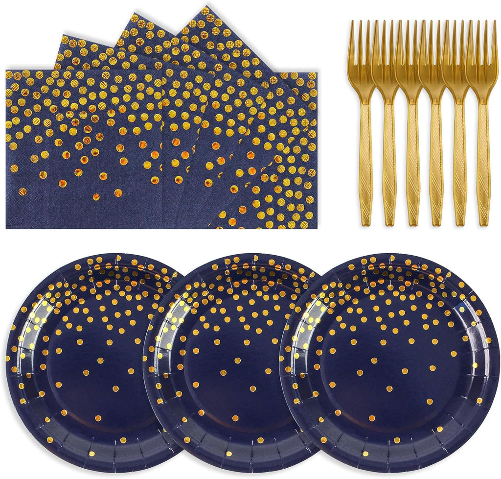 75PCS Paper Plates and Napkins Set - White and Gold Dot Disposable Party Dinnerware Includes Paper Plates, Napkins, Forks Decorations for Birthdays, Graduations, Weddings and Holidays, Serves 25