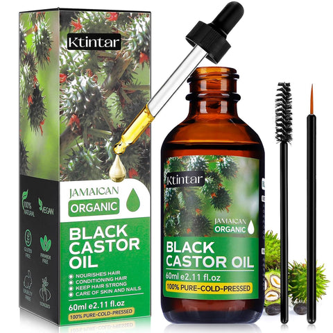 Jamaican Black Castor Oil,100% Pure and Natural Organic Castor Oil Cold Pressed Glass Bottles, Hair Growth, Eyebrow Care, Skin Care, Nourishes & Hydrates Hair, 60ML