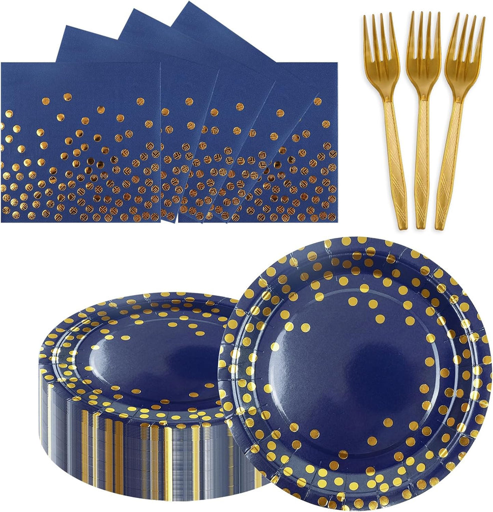 75PCS Paper Plates and Napkins Set - White and Gold Dot Disposable Party Dinnerware Includes Paper Plates, Napkins, Forks Decorations for Birthdays, Graduations, Weddings and Holidays, Serves 25