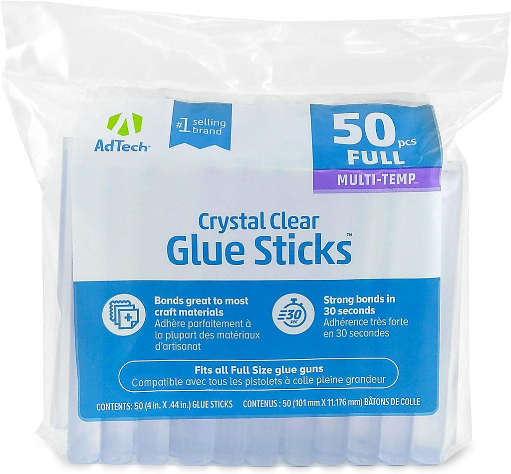 AdTech Crystal Clear Hot Glue Gun Sticks (W220-14ZIP50) – Full Size Hot Glue Sticks. All-purpose glue sticks for crafting, scrapbooking & more. 50 pieces. Length: 4” Diameter: .44”.