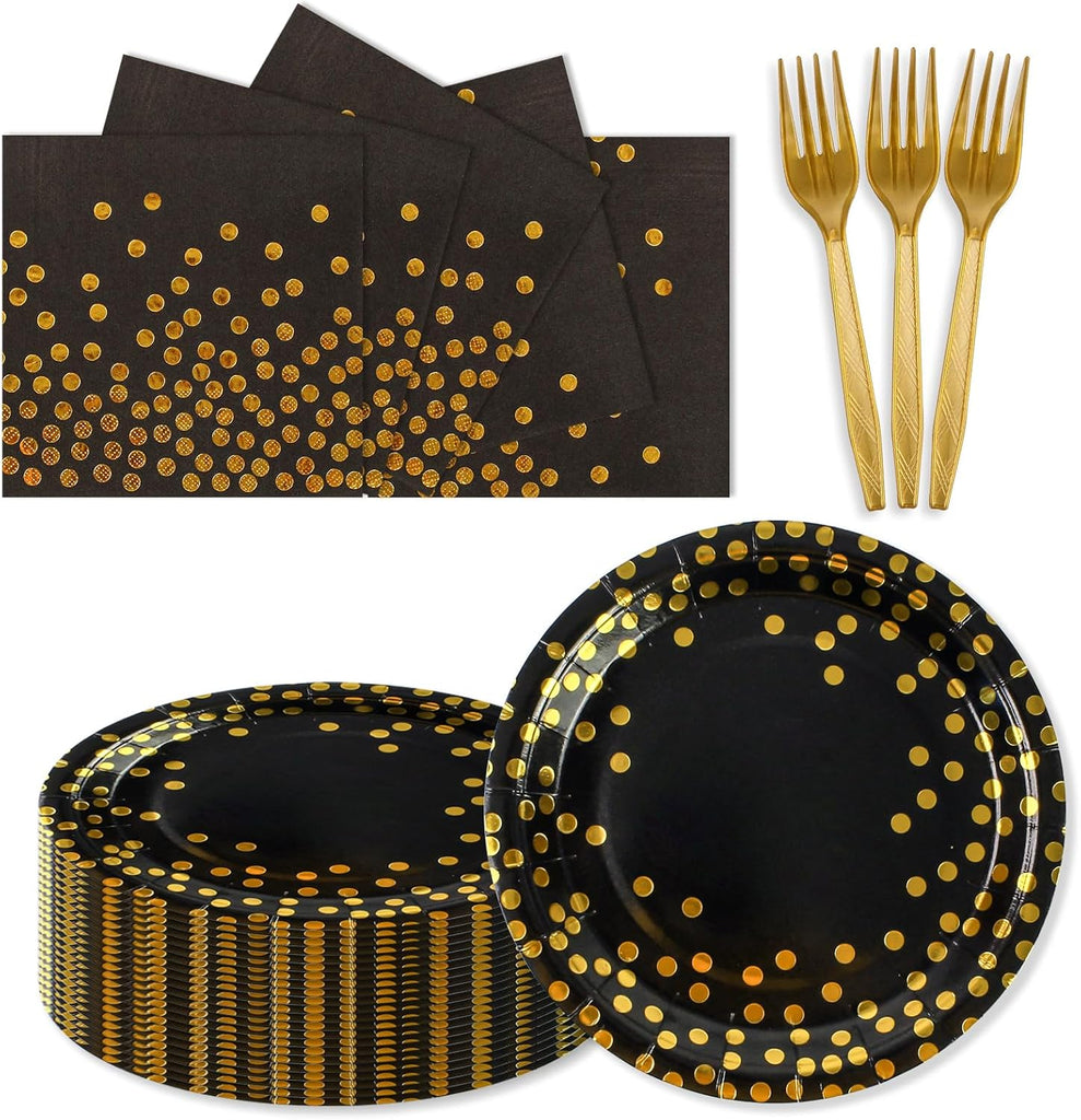 75PCS Paper Plates and Napkins Set - White and Gold Dot Disposable Party Dinnerware Includes Paper Plates, Napkins, Forks Decorations for Birthdays, Graduations, Weddings and Holidays, Serves 25