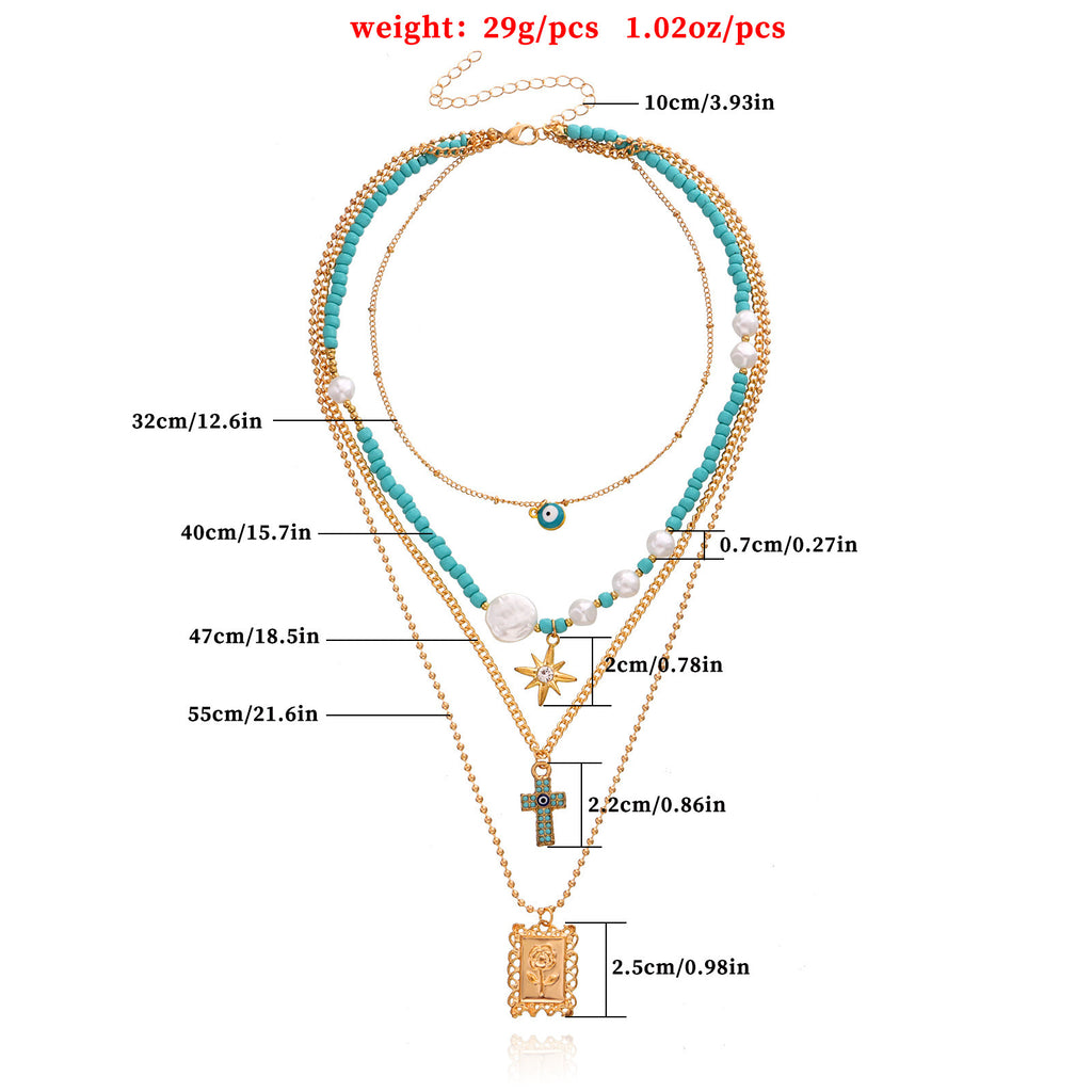 Bohemian Fashion Multilayer Blue Eyes Rose Flower Cross Pendant Necklace