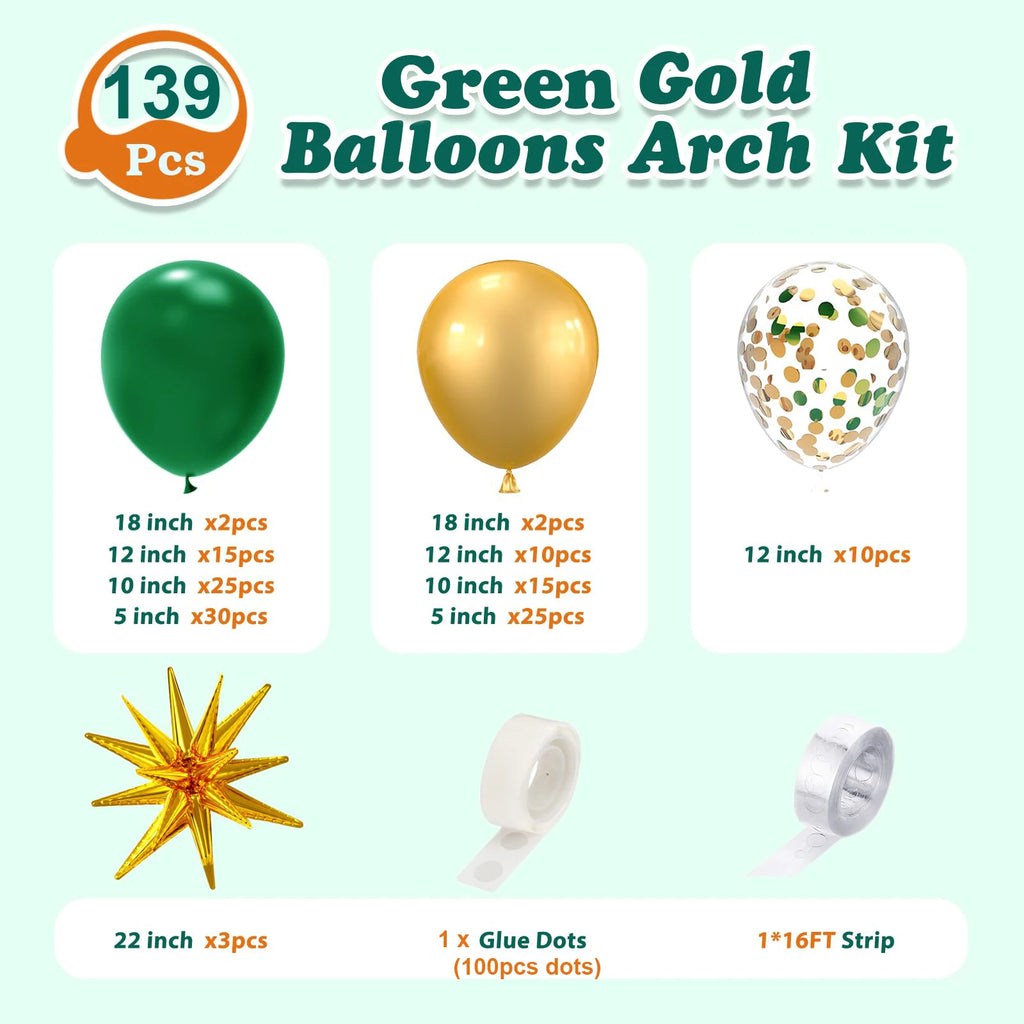 139Pcs Green and Gold Balloons Garland Arch Kit with Stars for Birthday Baby Shower Emerald Green Jungle Party Decorations