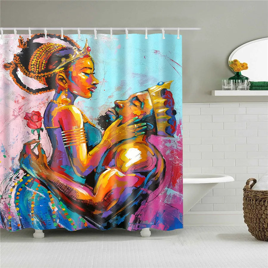 African American Girl Shower Curtain Art Afro Black Woman Bathroom Frabic Waterproof Polyester Bath Curtain with Hooks