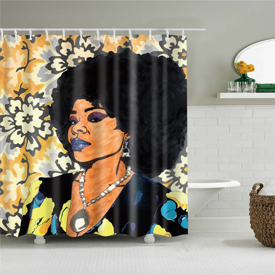 African American Girl Shower Curtain Art Afro Black Woman Bathroom Frabic Waterproof Polyester Bath Curtain with Hooks