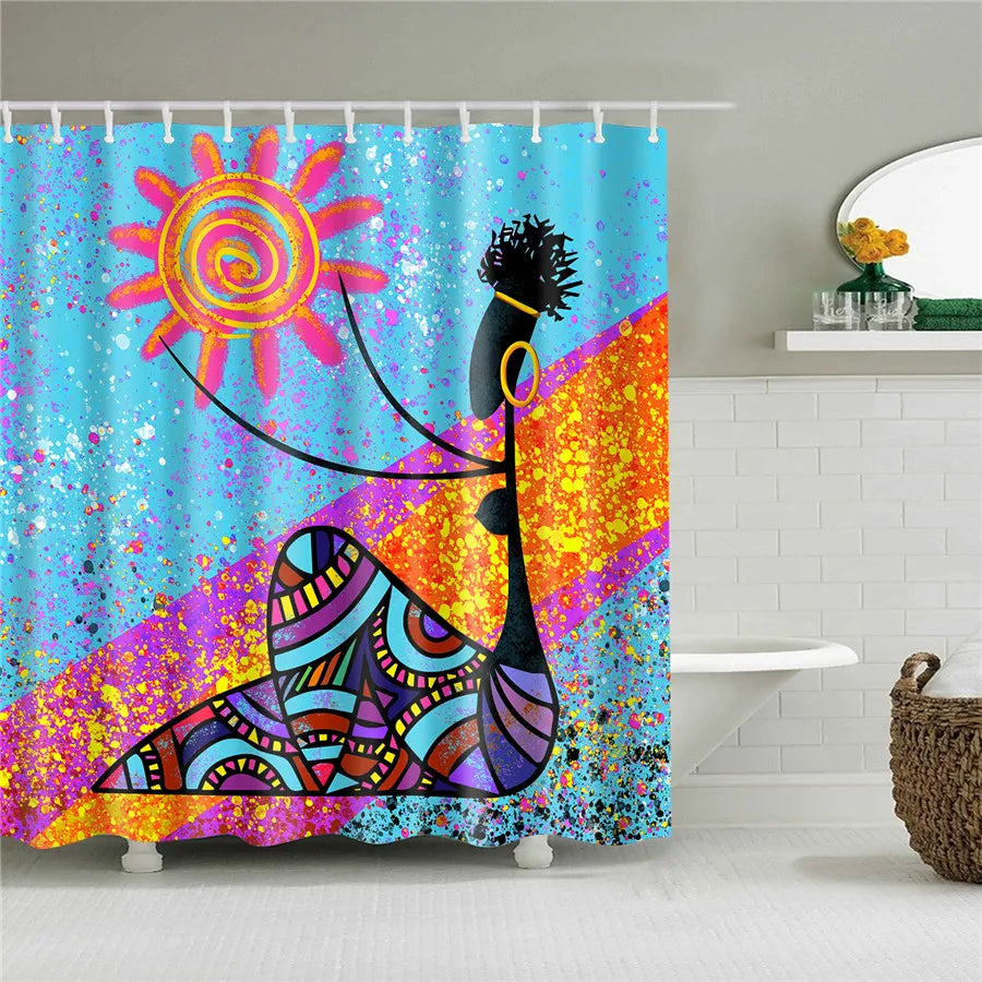 African American Girl Shower Curtain Art Afro Black Woman Bathroom Frabic Waterproof Polyester Bath Curtain with Hooks