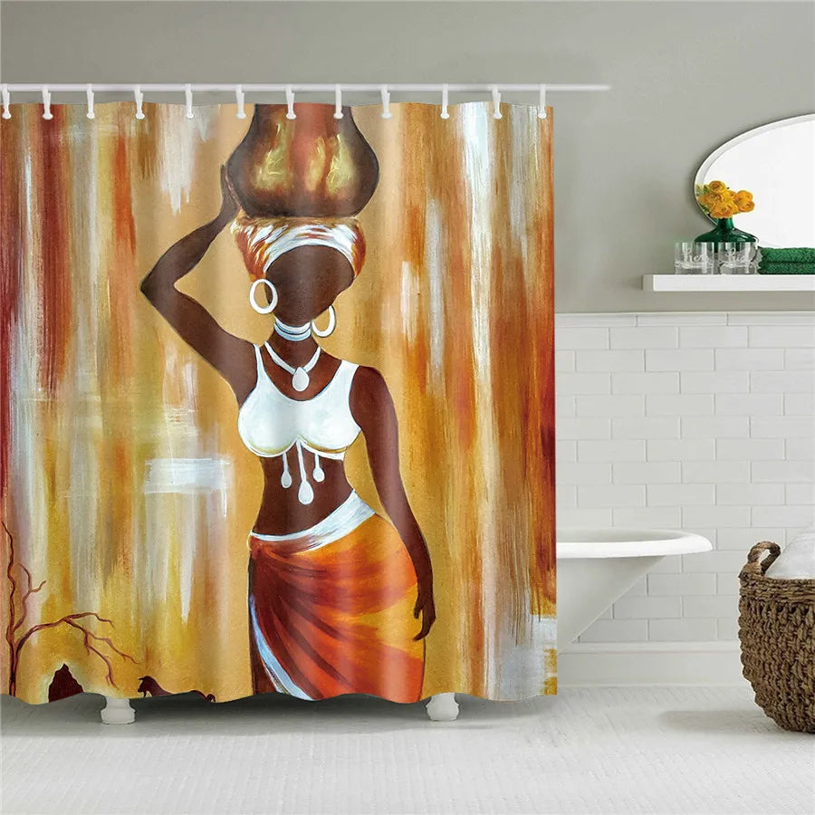 African American Girl Shower Curtain Art Afro Black Woman Bathroom Frabic Waterproof Polyester Bath Curtain with Hooks